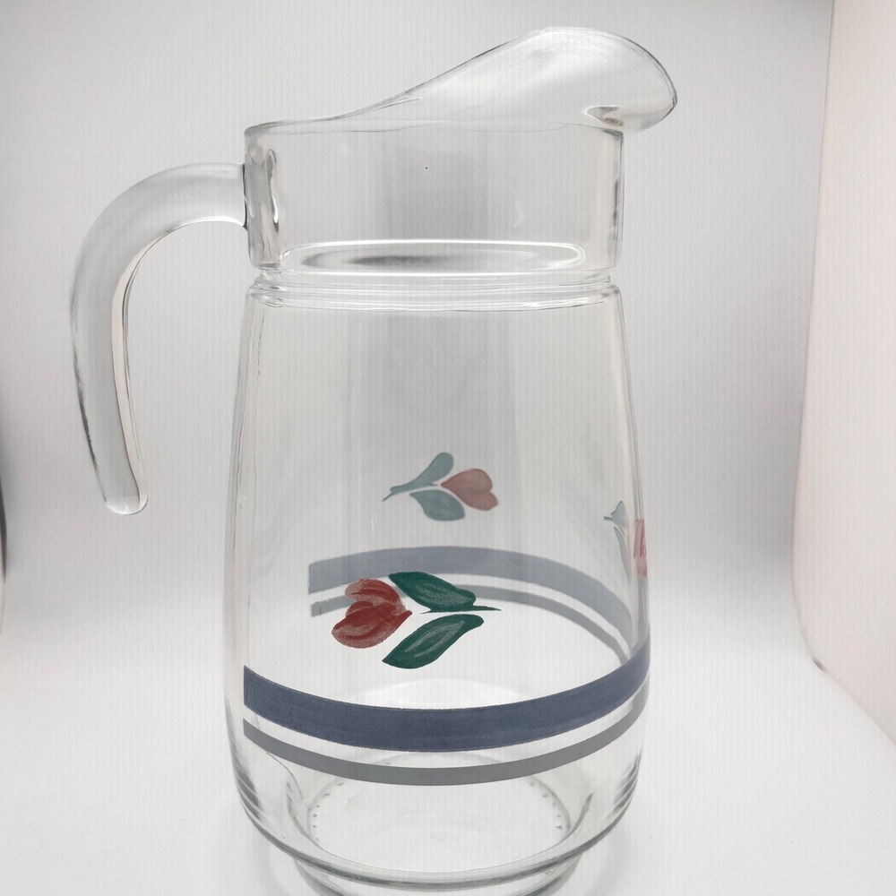 Vintage Glass Pitcher Red Tulip Floral Blue Bands Ice Lip Water Carafe 10in